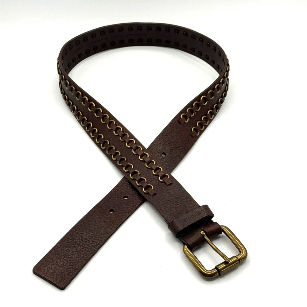 Y2K Calvin Klein Leather Belt Brown Brass Chain Stud Boho Western Medium 36